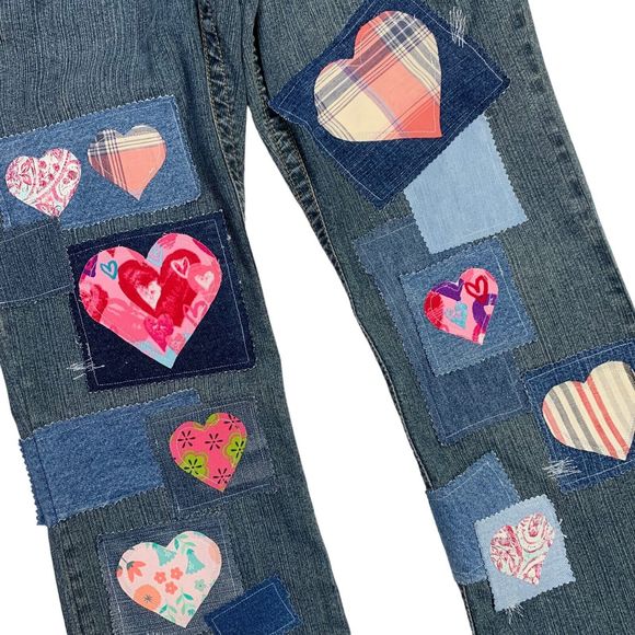 Patched Boho Jeans Pink Hearts Wide Leg Upcycled Denim Womens 4 Hydraulic - Picture 5 of 13